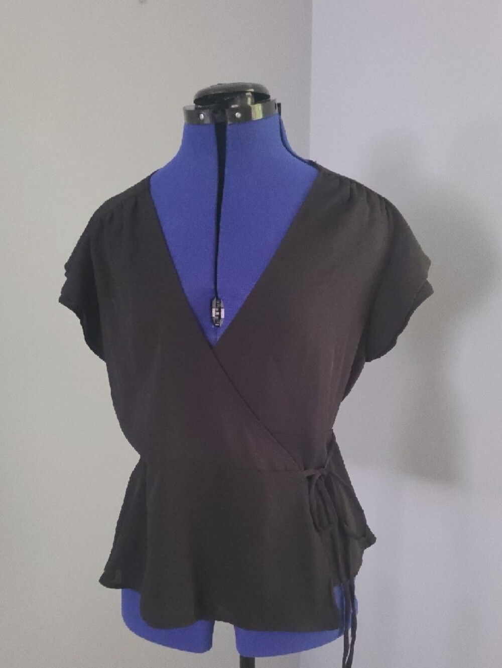 Blue Rain Black Wrap V-Neck Short Sleeve Tie-Waist Blouse - Picture 2 of 5